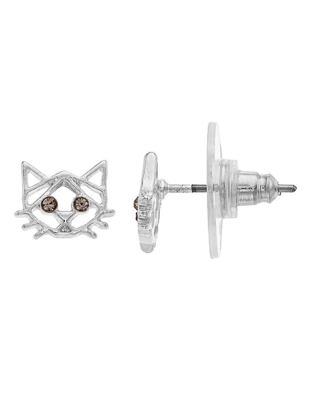 Silver Cat Face Stud Earrings with Crystal Eyes